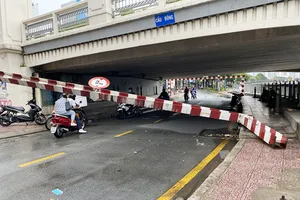 Xe tải va thanh chắn gầm cầu Bông, đường Trường Sa ùn tắc