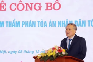 Chánh án TAND tối cao Nguyễn Hòa Bình phát biểu tại buổi lễ trao quyết định. Ảnh: TANDTC 