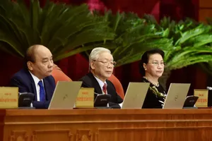 Tổng Bí thư, Chủ tịch nước Nguyễn Phú Trọng, Thủ tướng Chính phủ Nguyễn Xuân Phúc, Chủ tịch Quốc hội Nguyễn Thị Kim Ngân dự Hội nghị. Ảnh: VGP