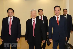 Tổng bí thư, Chủ tịch nước Nguyễn Phú Trọng cùng các lãnh đạo Đảng, Nhà nước đến dự Hội nghị. Ảnh: TTXVN