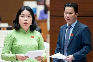 Đại biểu Nguyễn Thị Ngọc Xuân (đoàn Bình Dương) và Bộ trưởng Bộ TN&MT Đặng Quốc Khánh tại phiên thảo luận chiều 21-6.
