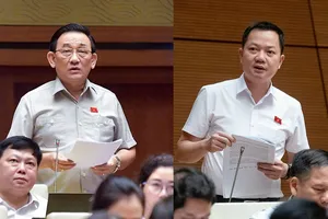 Đại biểu Trần Quốc Tuấn (đoàn Trà Vinh, bên trái) và đại biểu Trịnh Xuân An (đoàn Đồng Nai) phát biểu tại phiên thảo luận chiều 24-6.