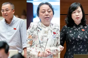 Từ trái qua: Đại biểu Quốc hội Nguyễn Lân Hiếu (đoàn Bình Định), đại biểu Quốc hội Phạm Khánh Phong Lan (đoàn TP.HCM), Bộ trưởng Bộ Y tế Đào Hồng Lan tại phiên thảo luận về dự án Luật Dược (sửa đổi).