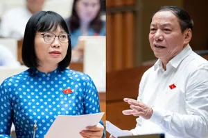 Đại biểu Nguyễn Thị Việt Nga (đoàn Hải Dương) và Bộ trưởng Bộ VH-TT&DL Nguyễn Văn Hùng tại phiên thảo luận về chủ trương đầu tư Chương trình mục tiêu quốc gia về phát triển văn hóa.