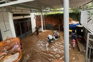 Mưa gây ngập gần nửa nhà, cha mẹ phải gọi con trai đục tường