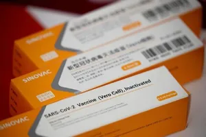 Những hộp đựng vaccine ngừa COVID-19 của tập đoàn dược phẩm Trung Quốc Sinovac.