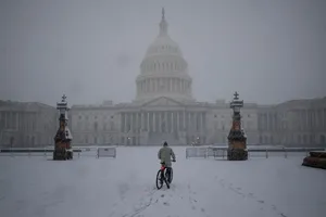Một người đàn ông đi xe đạp trong trận bão tuyết trên Đồi Capitol ở thủ đô Washington, Mỹ, ngày 3-1.