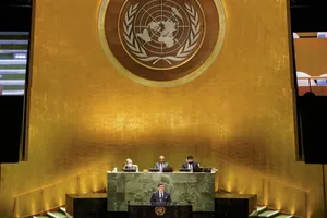 Ngoại trưởng Ukraine Dmytro Kuleba phát biểu trước Đại hội đồng LHQ ở New York, Mỹ, ngày 23-2.