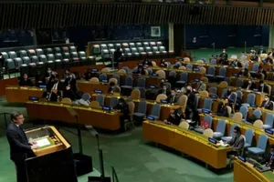 Ngoại trưởng Ukraine Dmytro Kuleba phát biểu tại cuộc họp lần thứ 58 của Đại hội đồng LHQ ở New York, Mỹ vào ngày 23-2 về cuộc khủng hoảng Nga-Ukraine.