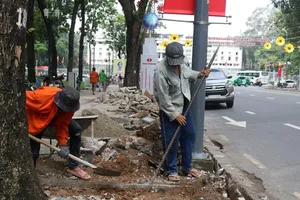 Tất bật thay vỉa hè Công viên 30-4 bằng bồn hoa, thảm cỏ