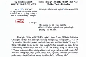 Văn bản khẩn của UBND TP.HCM về tiếp tục thực hiện nghiêm Chỉ thị 16 của Thủ tướng.