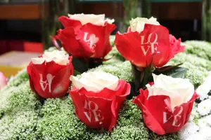 Độc đáo hoa hồng tươi in chữ Love cho ngày 14-2