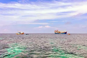 Hàng chục tàu cá vượt sóng lớn từ đảo Phú Quý về đất liền tránh bão