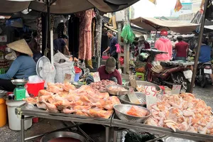 Thịt gà đông lạnh bày bán tại chợ. ẢNH: TÚ UYÊN