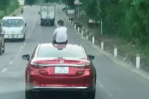 Người phụ nữ để con ngồi trên mui xe bị tước giấy phép 