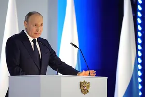 Tổng thống Nga Vladimir Putin đọc diễn văn thường niên năm 2021 trước Quốc hội Liên bang, ở thủ đô Moscow. Ảnh: ĐIỆN KREMLIN