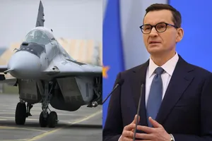 Thủ tướng Ba Lan Mateusz Morawiecki và máy bay phản lực MiG-29. Ảnh: PAP