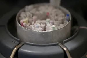 Các lọ tinh trùng đông lạnh được bảo quản trong một phòng thí nghiệm ở thủ đô Paris (Pháp). Ảnh: REUTERS