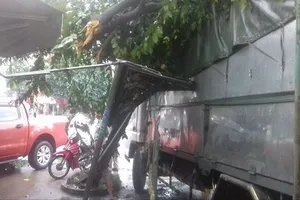 Xe tải xoay 180 độ, leo lề giữa cơn mưa tầm tã