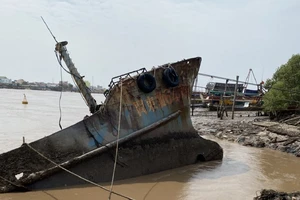 Xác tàu có chữ nước ngoài dạt vào bờ biển. (Ảnh: CTV)