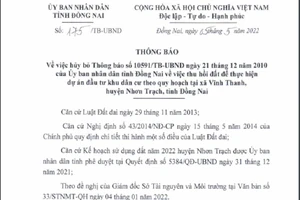 Đồng Nai: Hủy bỏ thu hồi đất dự án Khu dân cư 'khủng' ở Nhơn Trạch