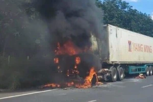 Xe container bốc cháy dữ dội trên cao tốc Phan Thiết - Dầu Giây