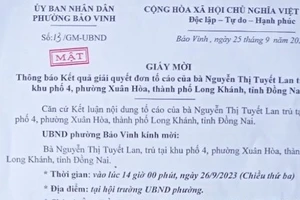 Giấy mời dân đến làm việc, UBND phường ở Đồng Nai cũng đóng dấu MẬT