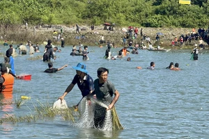 Người dân đổ xô đi bắt cá ở đập Thủy điện Trị An