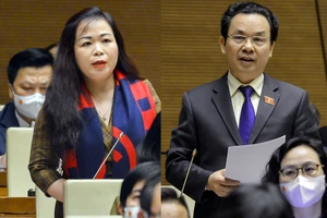 Đại biểu Quốc hội Vũ Thị Lưu Mai và Hoàng Văn Cường phát biểu tại phiên thảo luận ở hội trường về kinh tế - xã hội.