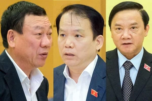 Từ trái sang: Tổng thanh tra Chính phủ Đoàn Hồng Phong, Chủ nhiệm Ủy ban Pháp luật Hoàng Thanh Tùng và Phó Chủ tịch Quốc hội Nguyễn Khắc Định phát biểu tại phiên họp.