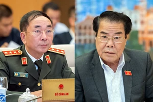 Trưởng ban Dân nguyện Dương Thanh Bình (bên phải) và Thượng tướng, Thứ trưởng Bộ Công an Trần Quốc Tỏ tại phiên họp chiều 14-12.