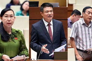 Từ trái sang: Đại biểu Phan Thị Mỹ Dung, Viện trưởng VKSND Tối cao Nguyễn Huy Tiến và đại biểu Phạm Văn Hòa tại phiên thảo luận sáng 29-5.