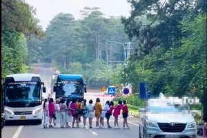 Xác minh nhóm nữ du khách dàn hàng ngang trên đường ở Măng Đen để chụp ảnh