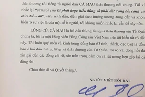 Ông Đoàn Ngọc Hải gửi thư hồi đáp Ban Tuyên giáo Cà Mau