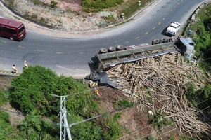 Xe tải chở gỗ lật trên đèo Phượng Hoàng, tài xế may mắn thoát nạn