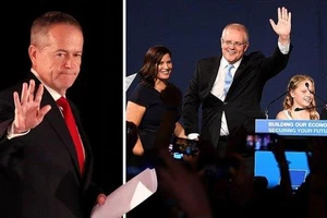 Lãnh đạo Đảng Lao động Bill Shorten (trái) và thủ tướng Scott Morrison cùng vợ con (phải). Ảnh: GETTY