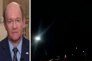 Thượng nghị sĩ Mỹ Chris Coons và cảnh tên lửa Iran tấn công căn cứ Mỹ ở Iraq. Ảnh: FOX NEWS