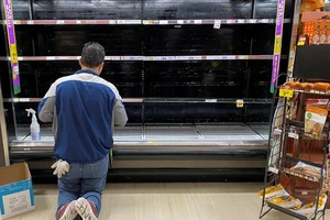 Gian hàng trứng ở một siêu thị Mỹ trống trơn. Ảnh: REUTERS