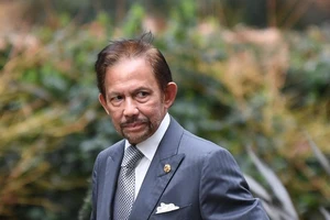 Quốc vương Brunei Hassanal Bolkiah đến số 10 đường Downing, London để gặp Thủ tướng Anh Boris Johnson ngày 4-2. Ảnh: DANIEL LEAL-OLIVAS / AFP