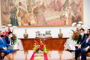 Tổng thống Indonesia Joko Widodo (phải) hội đàm với Thủ tướng Nhật Suga Yoshihide (trái) hôm 20-10. Ảnh: REUTERS