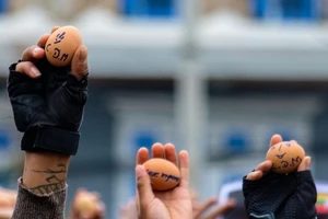 Người biểu tình vẽ thông điệp phản đối chính biến lên trứng. Ảnh: THE TELEGRAPH