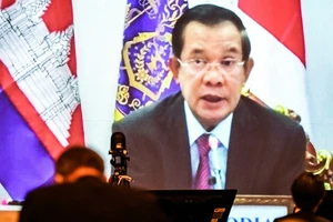 Thủ tướng Campuchia Hun Sen phát biểu hôm 20-5 trong Hội nghị quốc tế về Tương lai châu Á lần thứ 26 (trực tuyến). Ảnh: NIKKEI ASIA