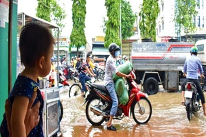 Dân Cần Thơ bì bõm lội nước đưa con đến trường