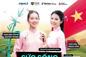 Hoa hậu Ngọc Hân cùng cán bộ livestream quảng bá hàng Việt