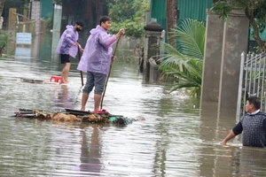 Dân đóng bè chuối đi lại trong vùng lũ