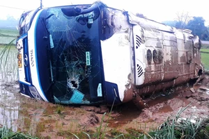 Xe khách chở người về quê ăn Tết bị lật xuống ruộng