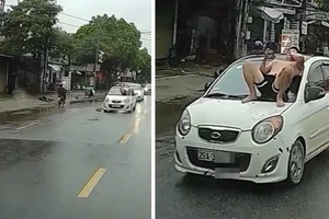 Bị đòi lại xe, con rể cởi trần nằm trên nắp capo nhưng bố vợ vẫn lái xe chạy
