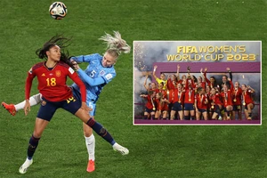 Cầu thủ trẻ xuất sắc nhất giải Salma Paralluelo (18) tranh bóng với hàng thủ Anh và lễ đăng quang của tân vô địch Tây Ban Nha. Ảnh: GETTY IMAGES