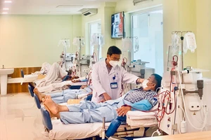 TS-BS Nguyễn Bách, Trưởng khoa Nội thận - Lọc máu BV Thống Nhất, thăm khám cho bệnh nhân. Ảnh: THẢO PHƯƠNG