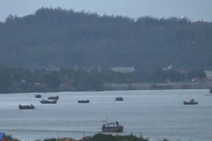 Dày đặc ghe trộm cát trên một đoạn sông Trà Khúc vào chiều tối 17-3. Ảnh: N.YÊN